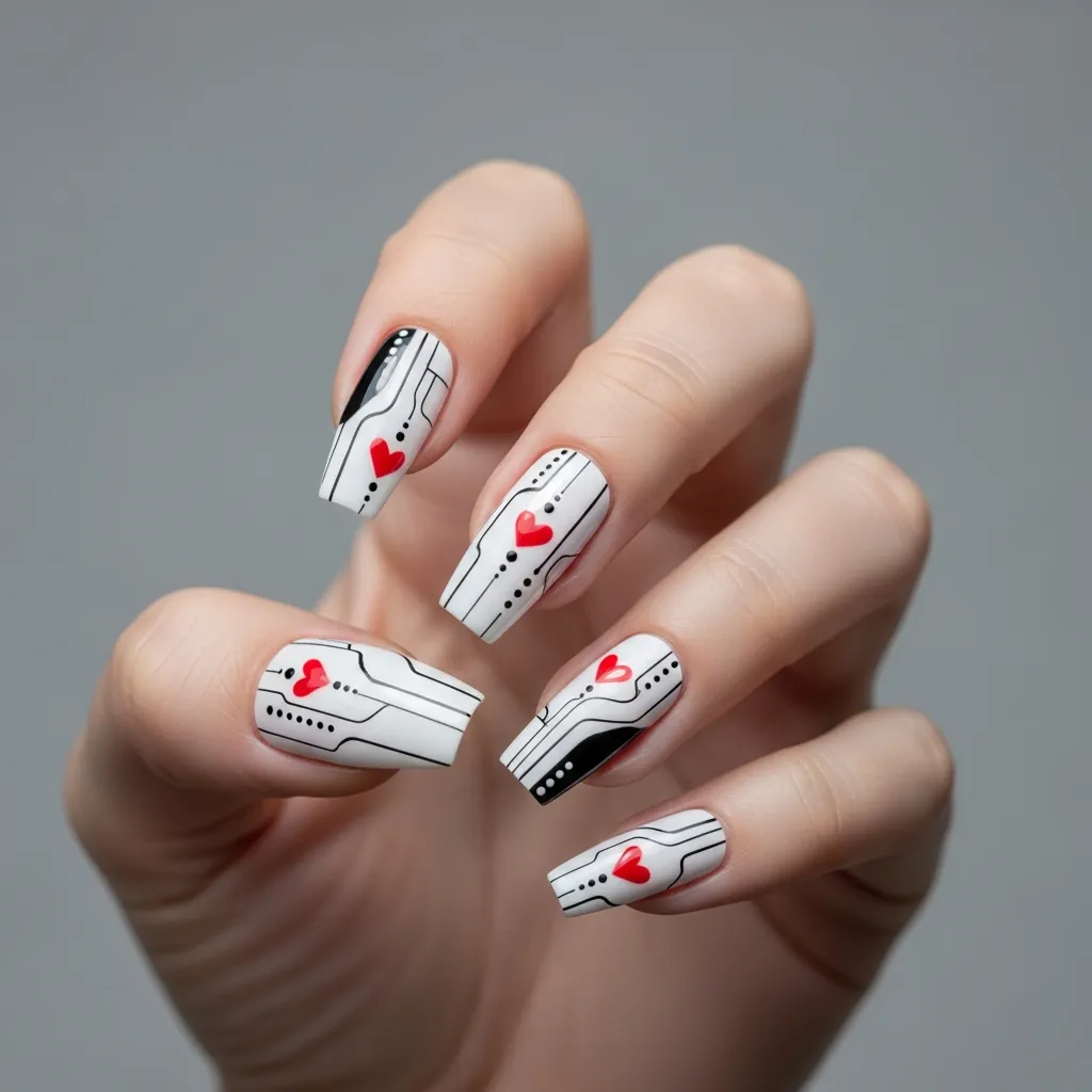 abstract heart and line art on coffin nails