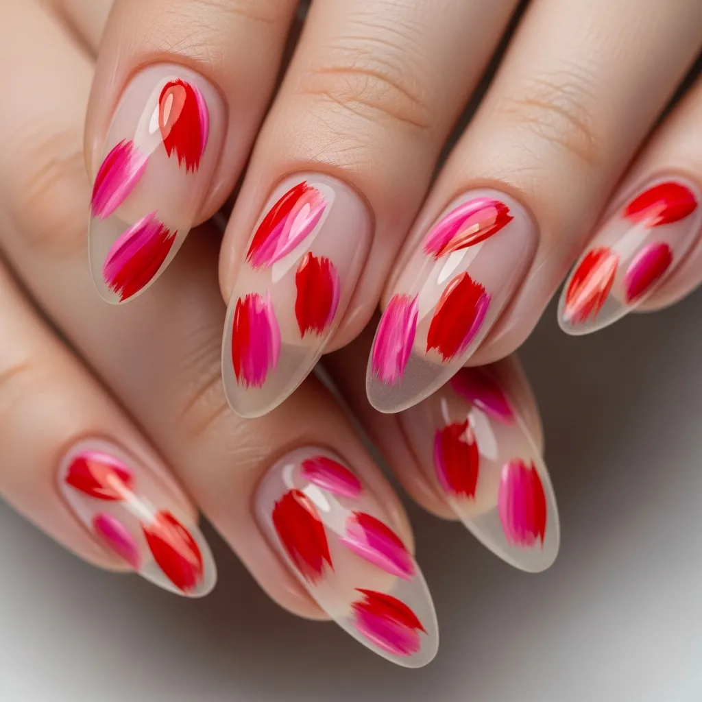 Top 19 Valentines Almond Nail Designs 11 abstract pink red strokes