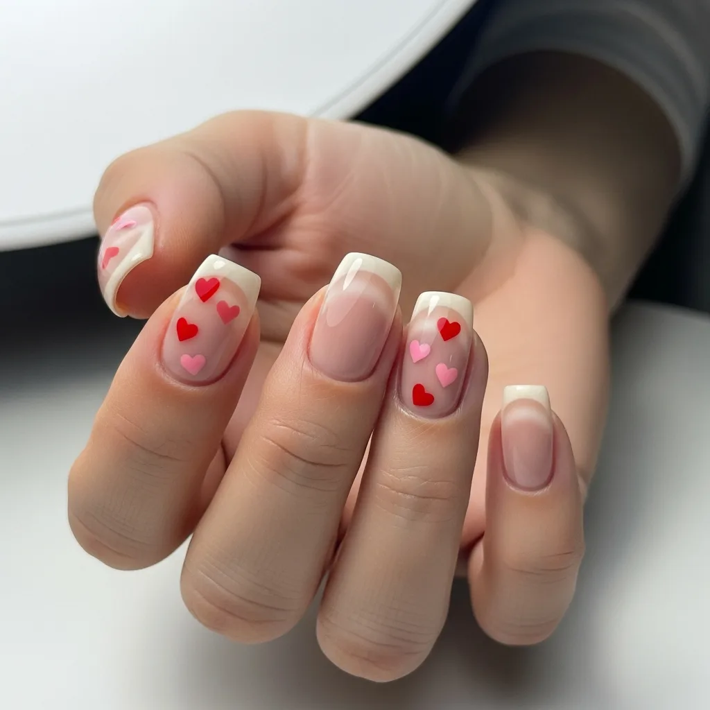 23 Perfect Valentines Cat Eye Nails Designs 24 beige cat eye with red and pink hearts