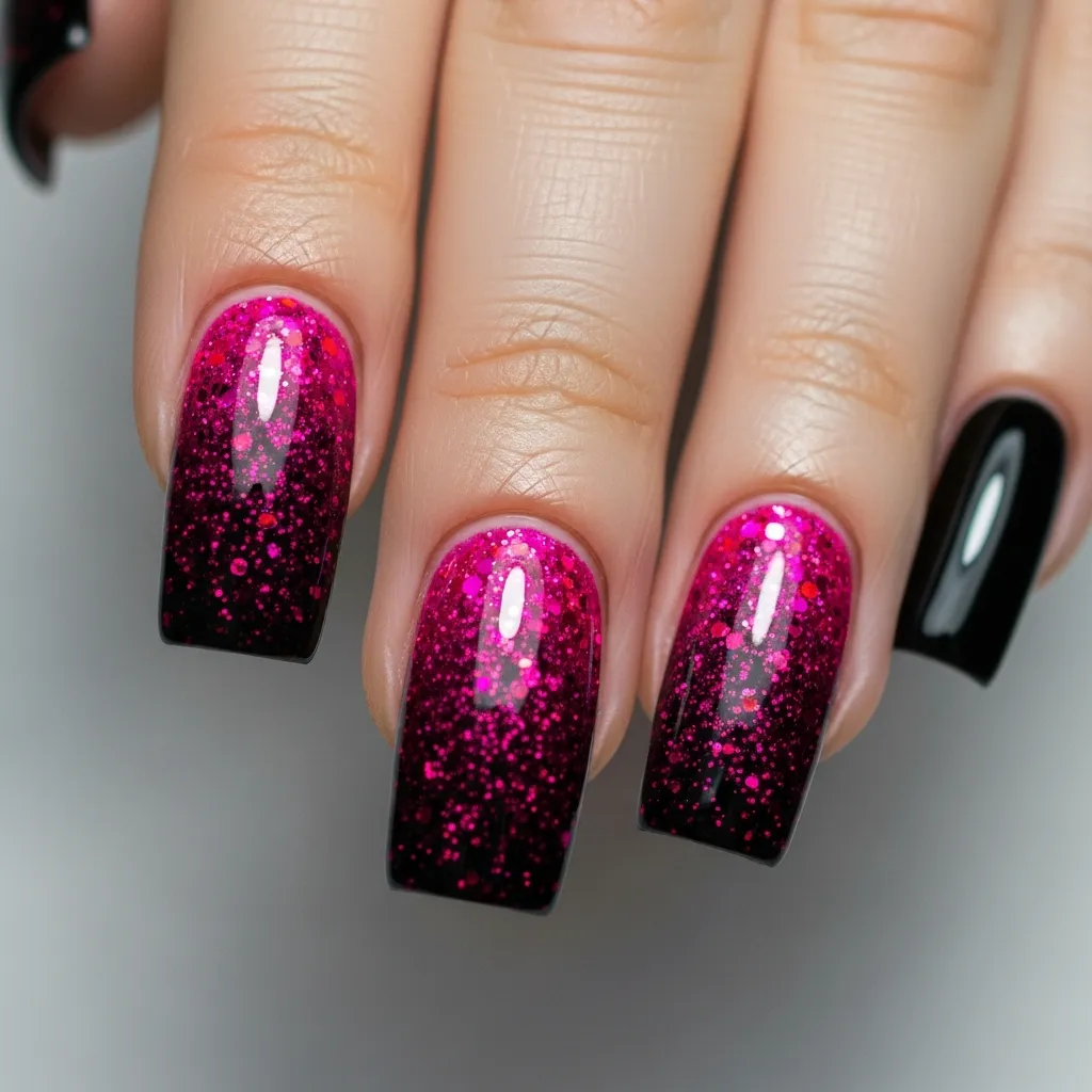 black and pink glitter ombre square nails