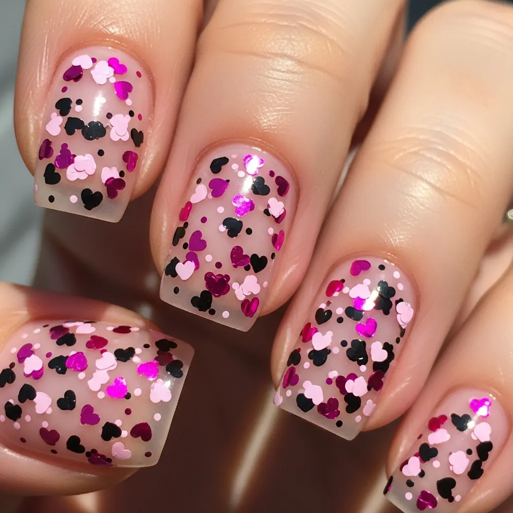 21 Stunning Black and Pink Valentines Day Nails to Slay This Season 14 black and pink heart confetti nails