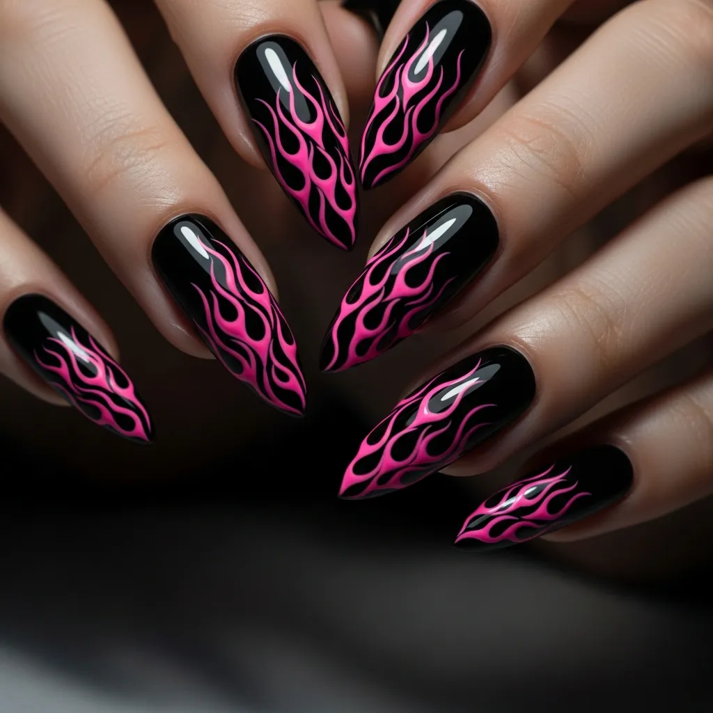 21 Stunning Black and Pink Valentines Day Nails to Slay This Season 8 black base with delicate pink flames