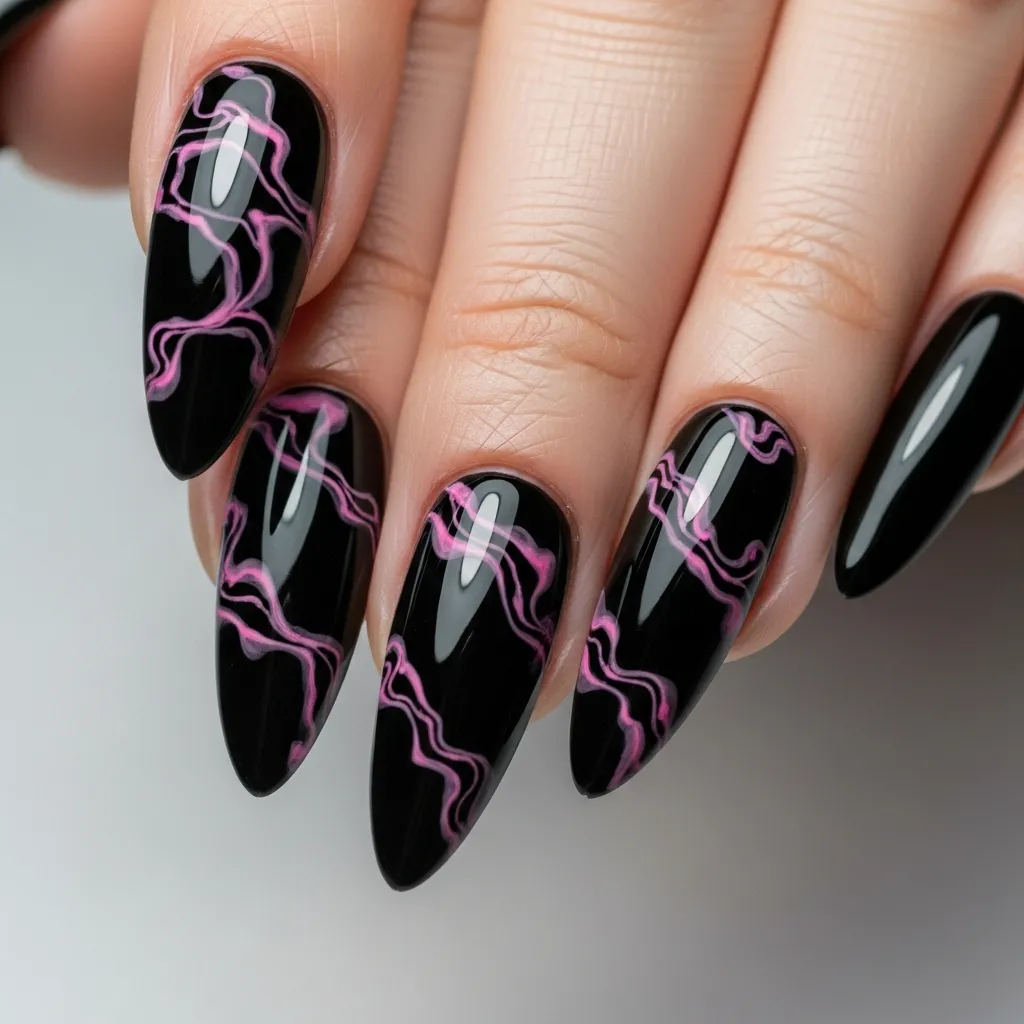 21 Stunning Black and Pink Valentines Day Nails to Slay This Season 5 black base with pink marble swirls