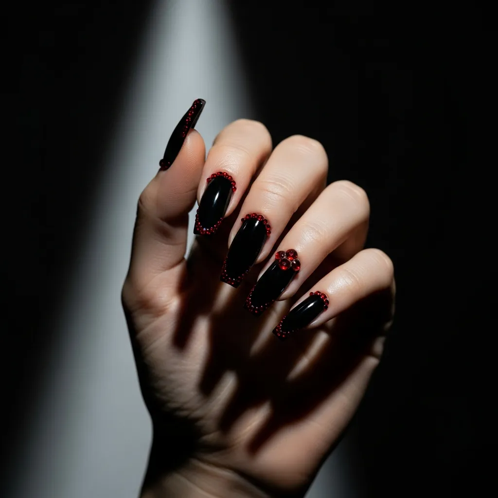black coffin nails with red rhinestone accents