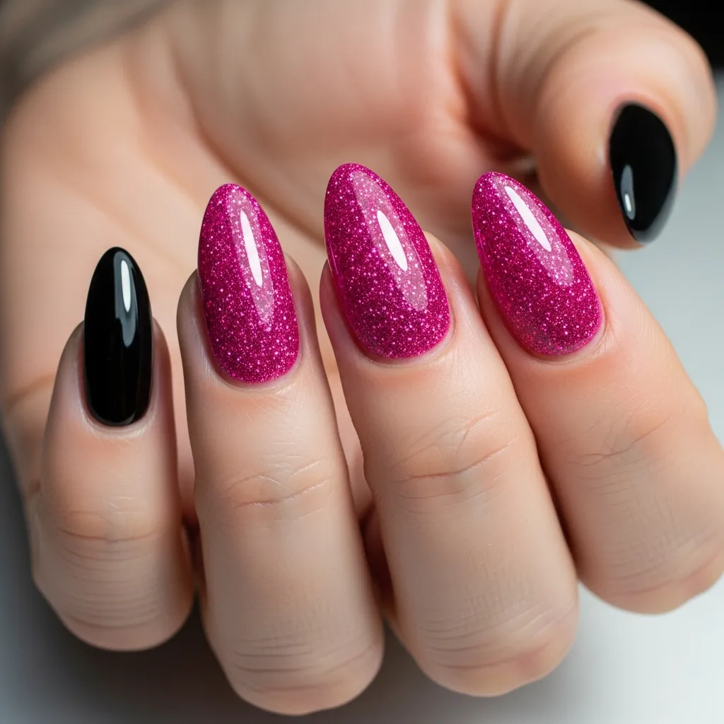 21 Stunning Black and Pink Valentines Day Nails to Slay This Season 18 black gradient with pink glitter tips