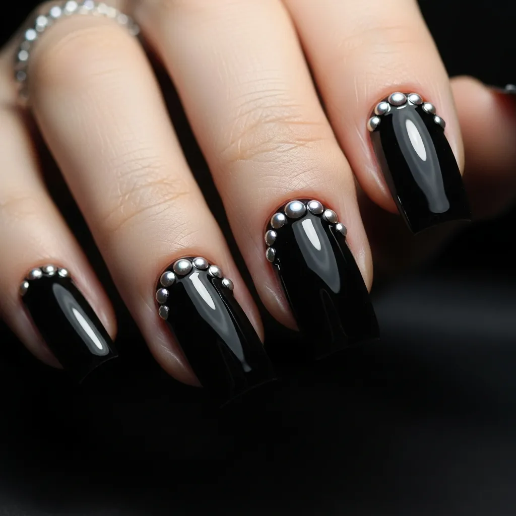 black nails with pearl accents
