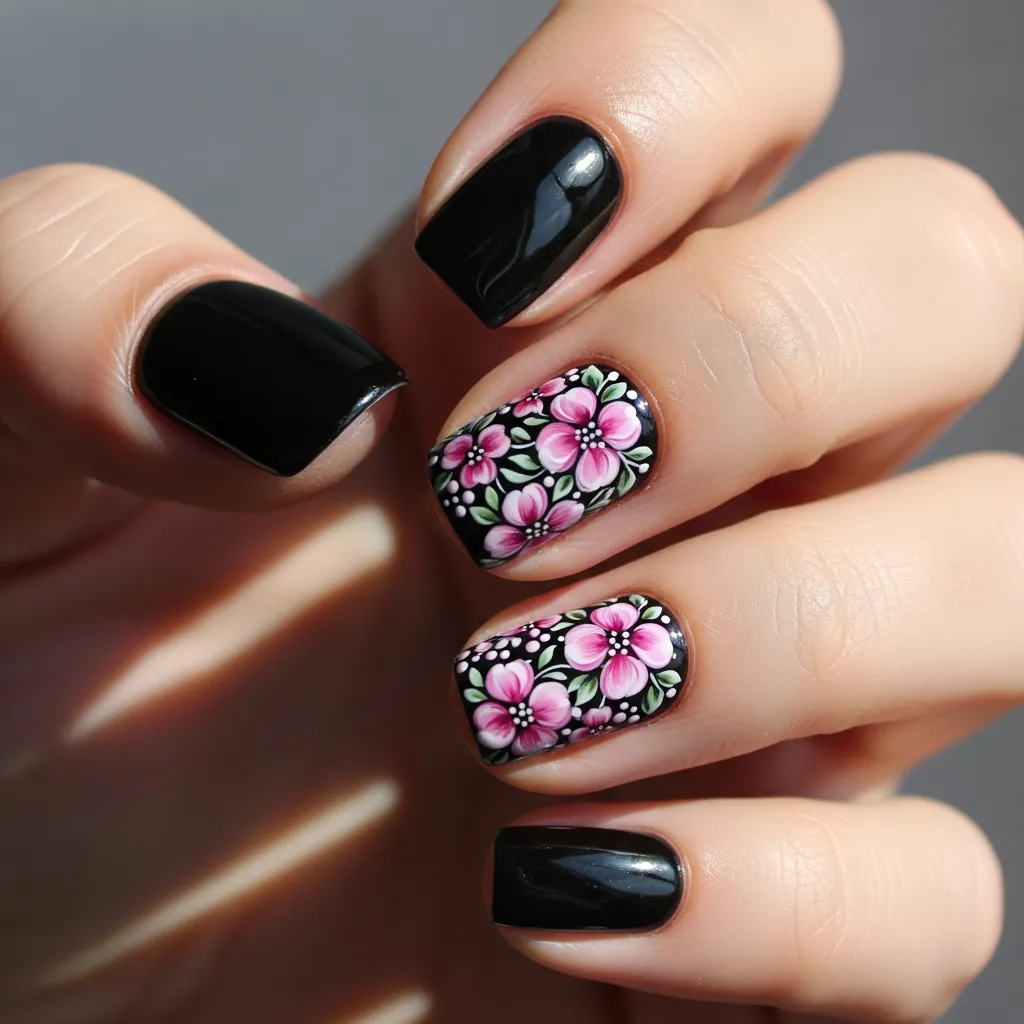 21 Stunning Black and Pink Valentines Day Nails to Slay This Season 16 black nails with pink floral accents