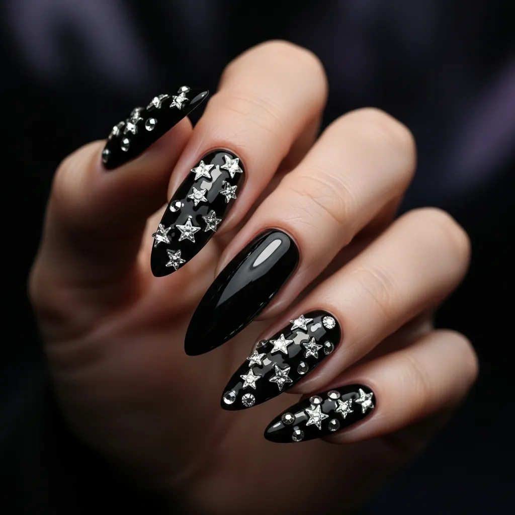 black nails with rhinestone stars