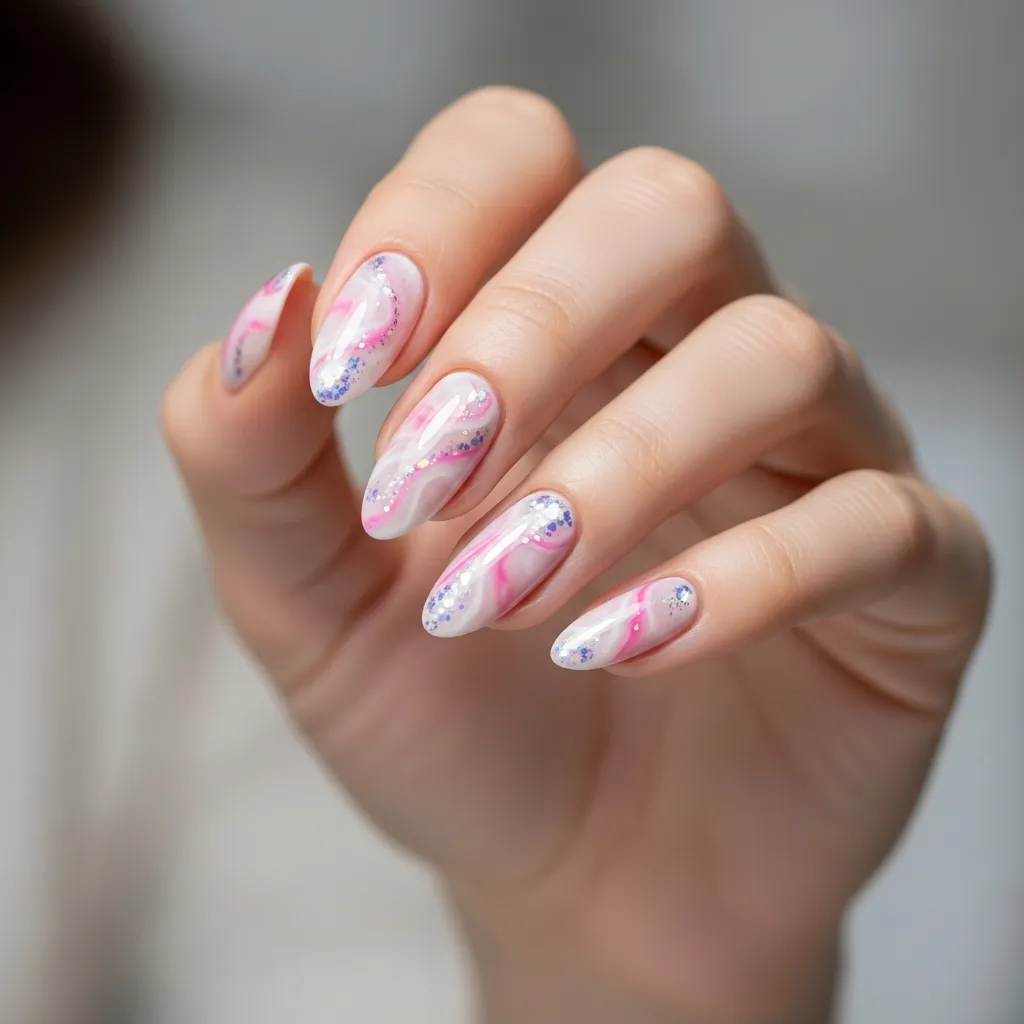 blushing holographic pink and white marble