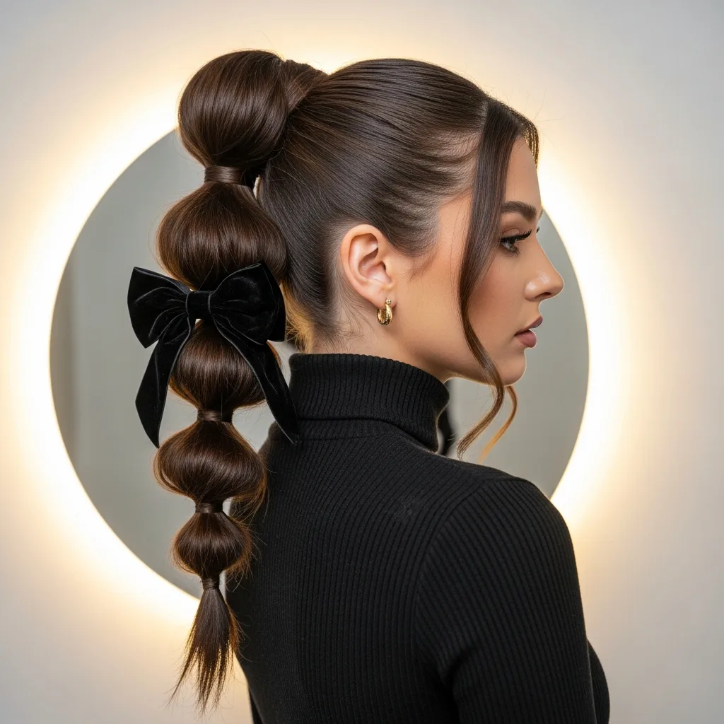 23 Sleek Hoco Hairstyles for the Dance 23 bubble ponytail with velvet bow