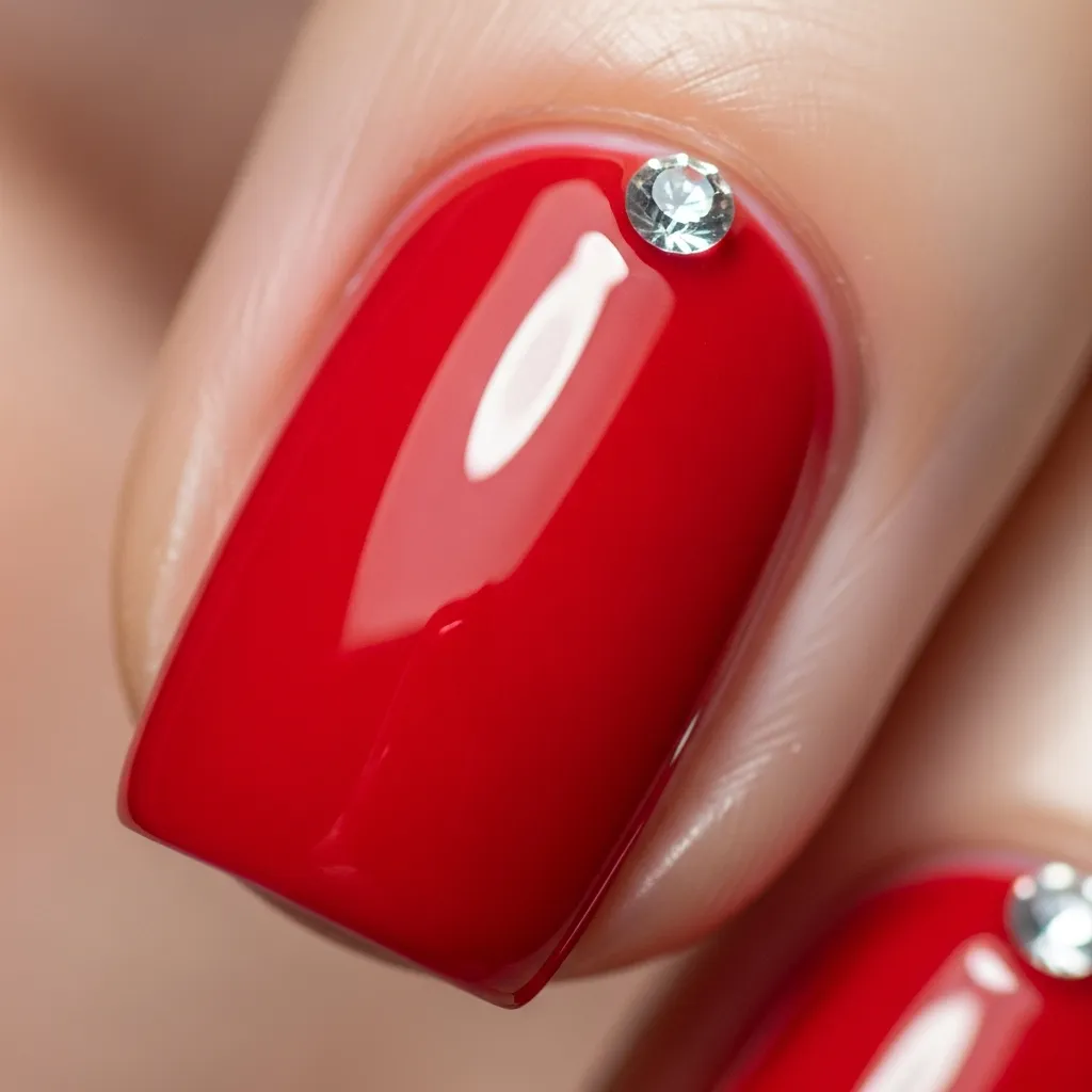 Top 17 Simple Valentine's Nail Ideas for a Sweet & Chic Look 14 candy apple red with a single rhinestone