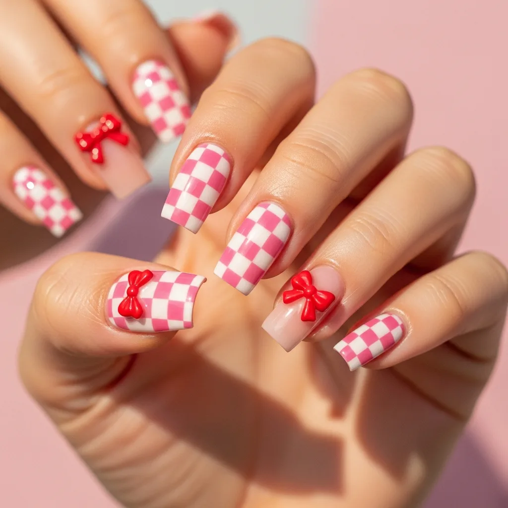 Top 25 Valentines Day Nails with Bows: Adorable and Romantic Nail Art Ideas 14 checkerboard pattern with a bow