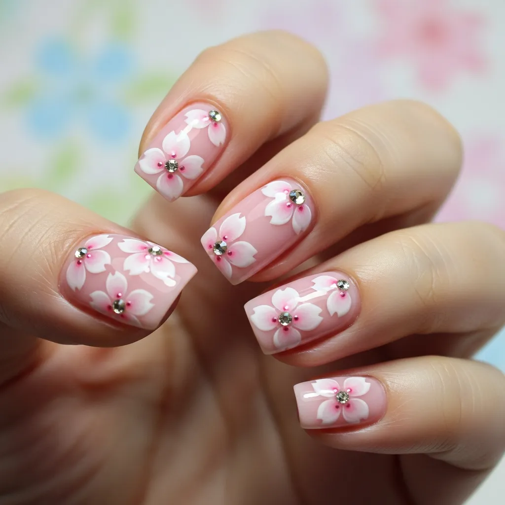 cherry blossom nails with rhinestone centers