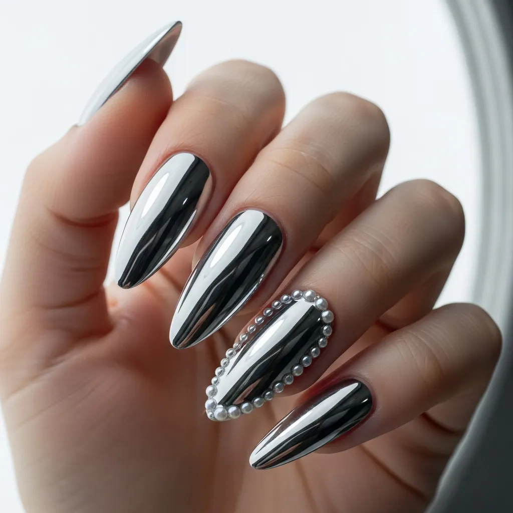 chrome nails with pearl accents