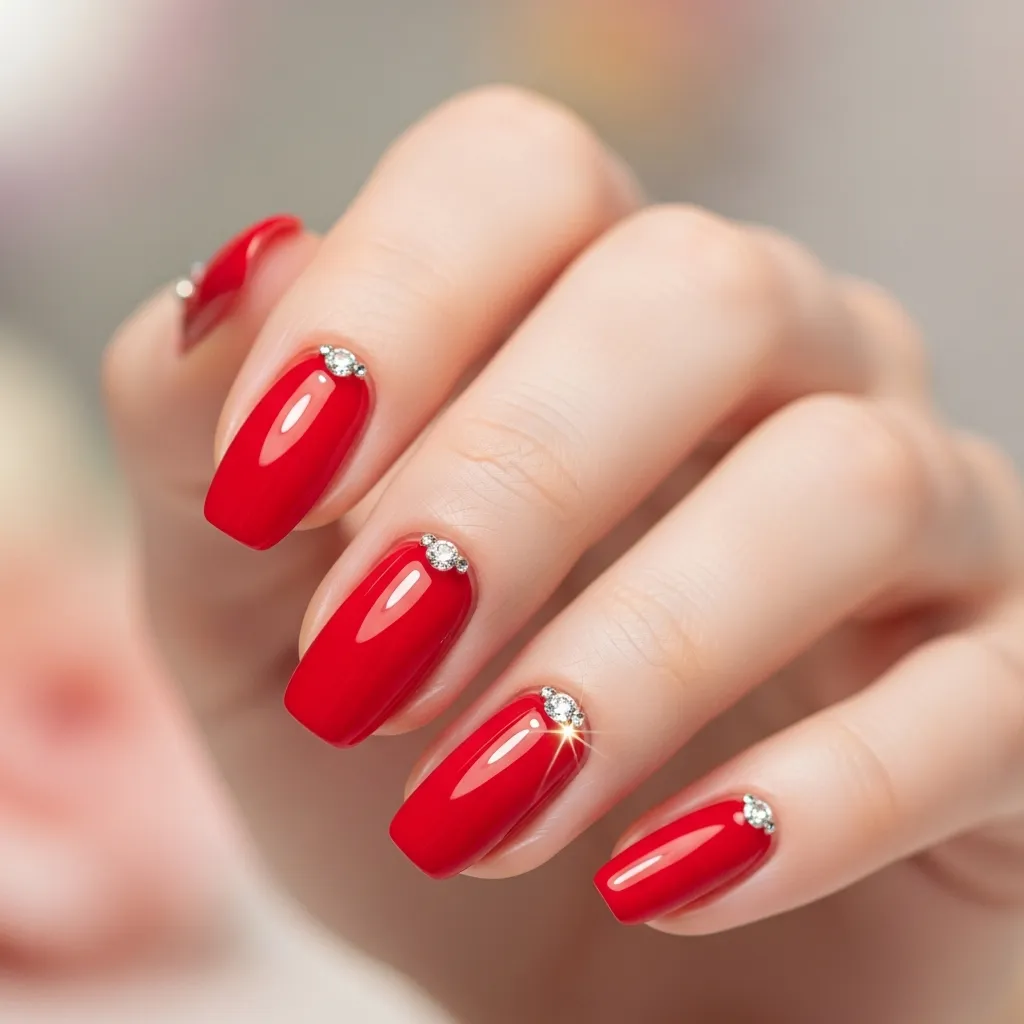 Top 19 Valentines Day Nails with Gems You'll Adore 2 classic red with a diamond accent