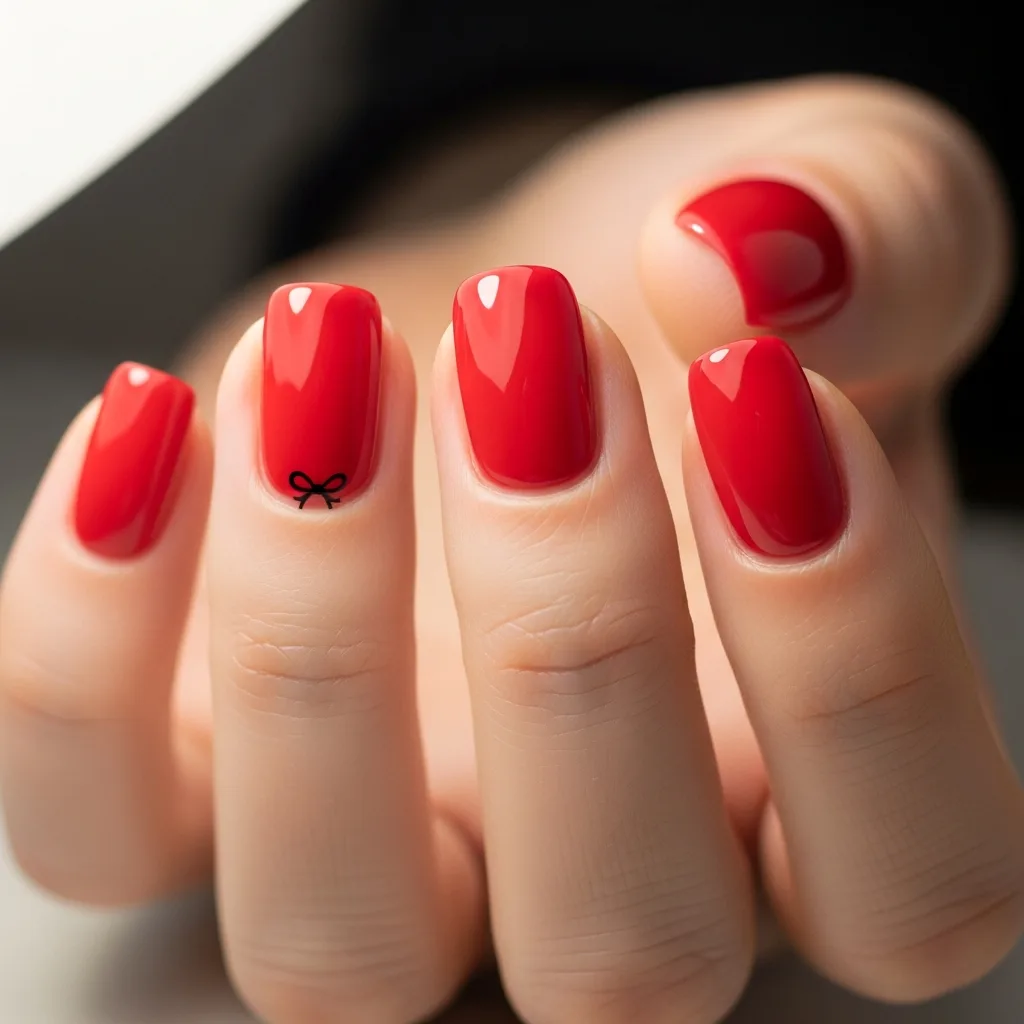 Top 25 Valentines Day Nails with Bows: Adorable and Romantic Nail Art Ideas 2 classic red with a tiny bow