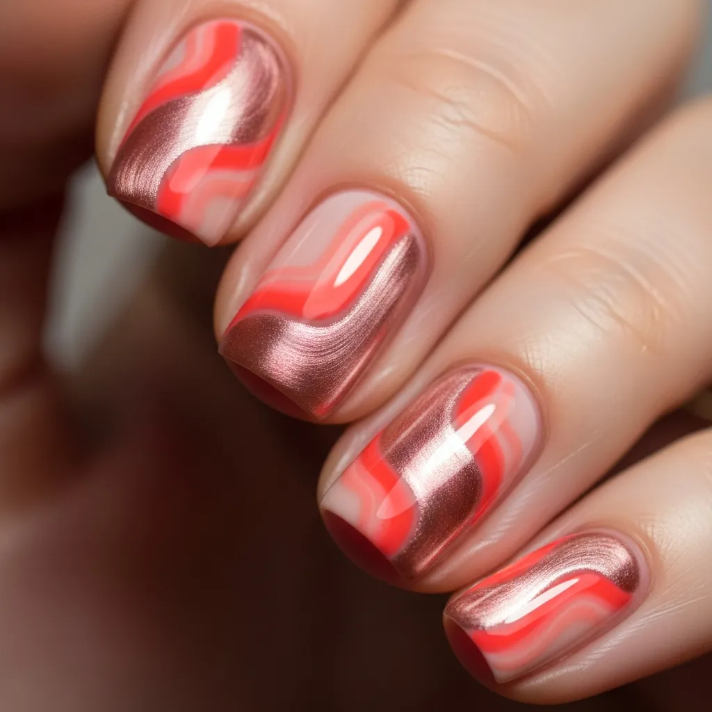25 Candy Pastel Valentines Nails Ideas You'll Adore 11 coral rose gold abstract swirls