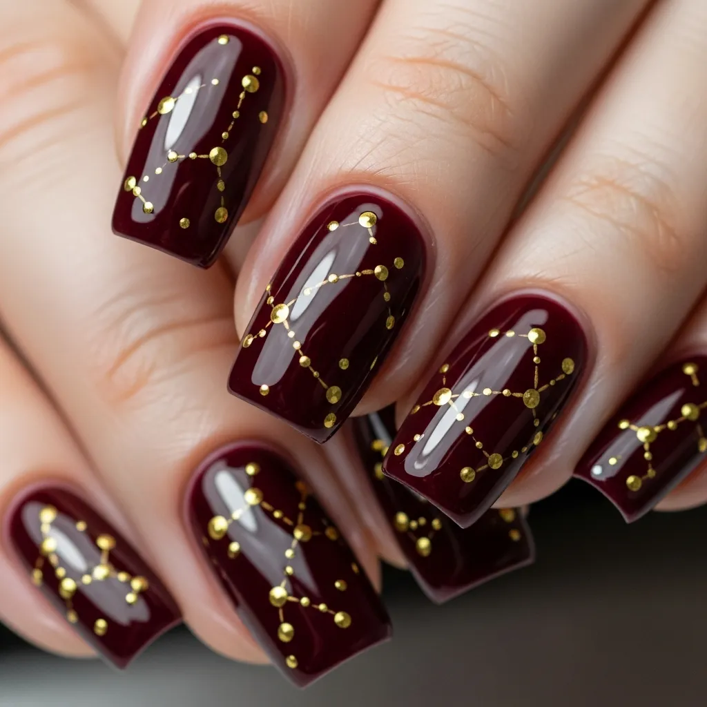 deep burgundy with gold dots square nails