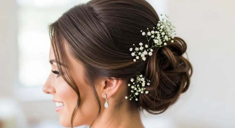 Bridal beauty: Intricate textured chignon updo with baby's breath. Romantic wedding hair for a timeless and elegant bride.
