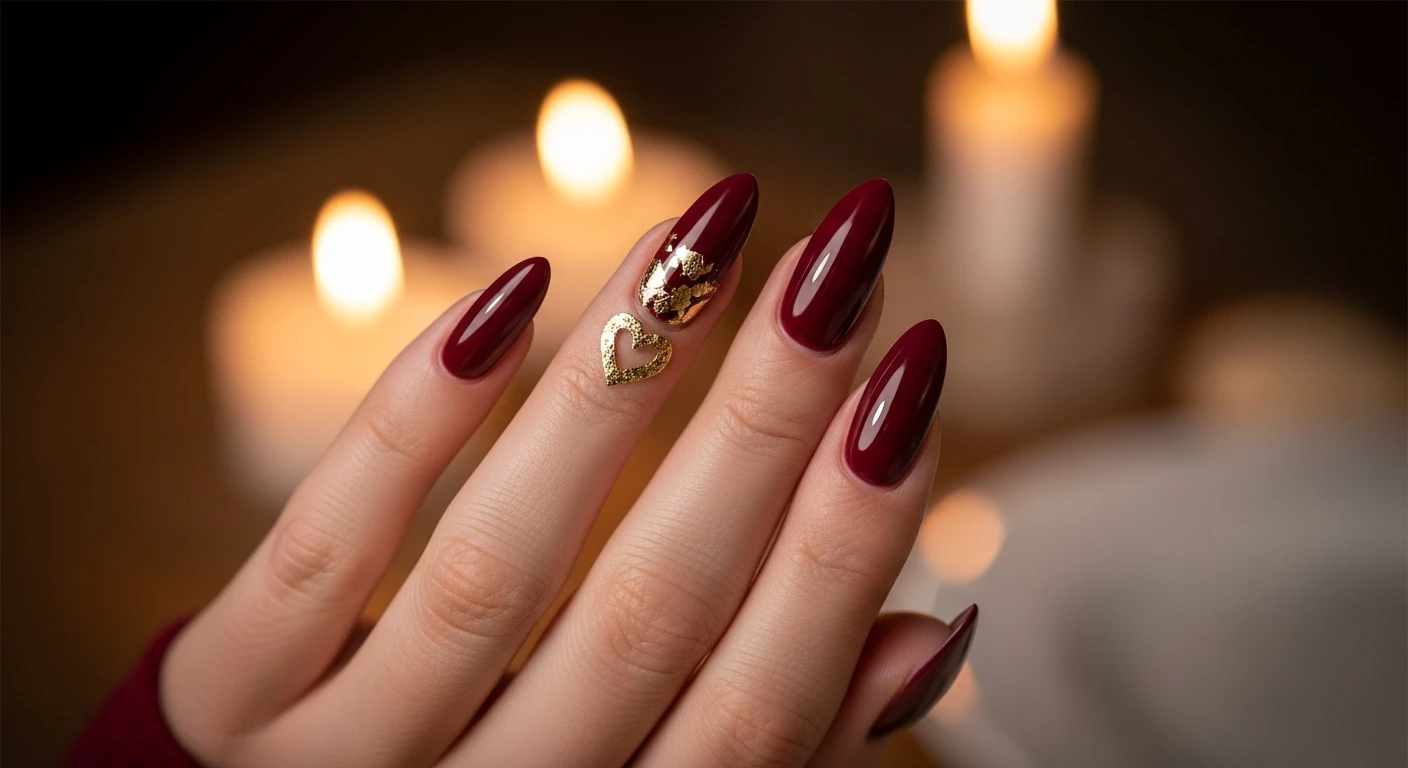 Burgundy almond nails with gold foil heart, blurred romantic background, valentines nails.