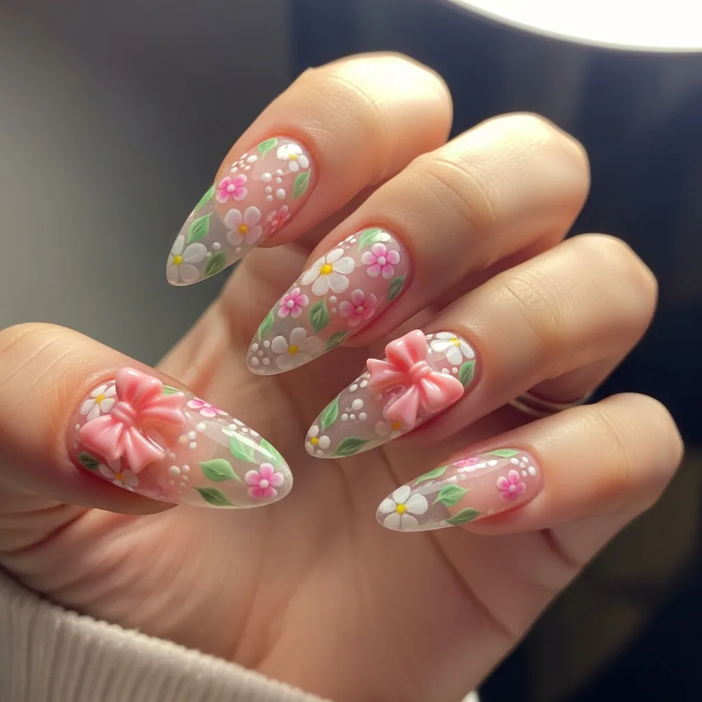 Top 25 Valentines Day Nails with Bows: Adorable and Romantic Nail Art Ideas 23 floral design with a bow