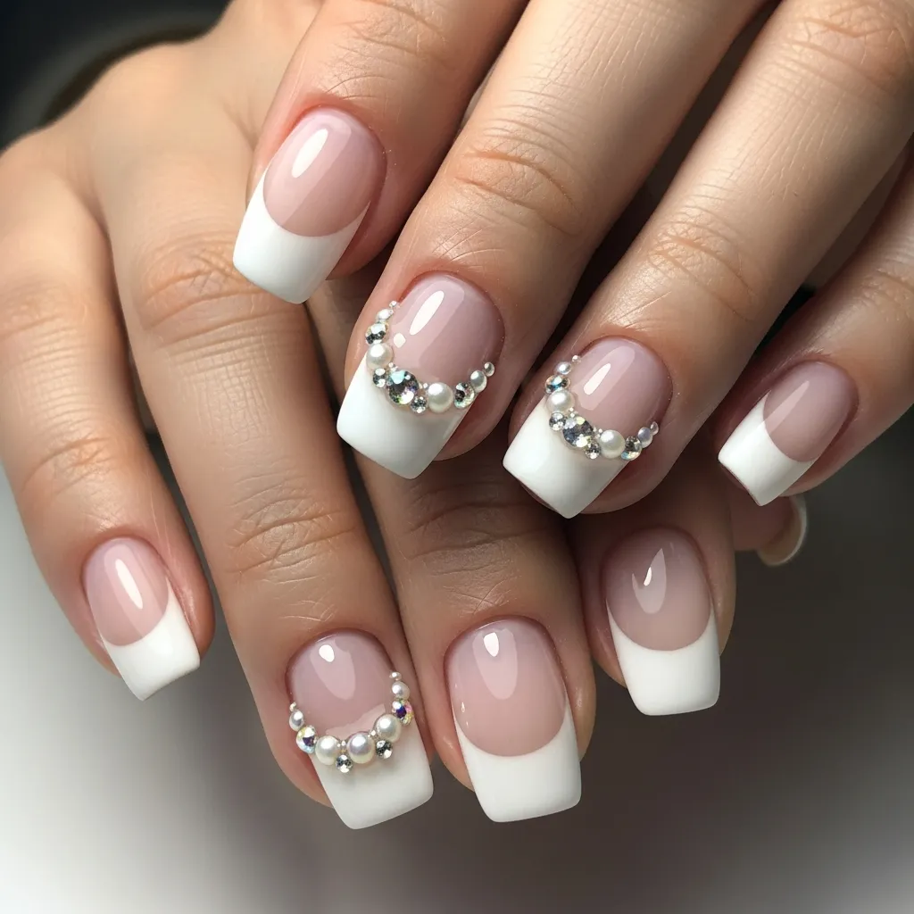 french tips with pearl and rhinestone combo