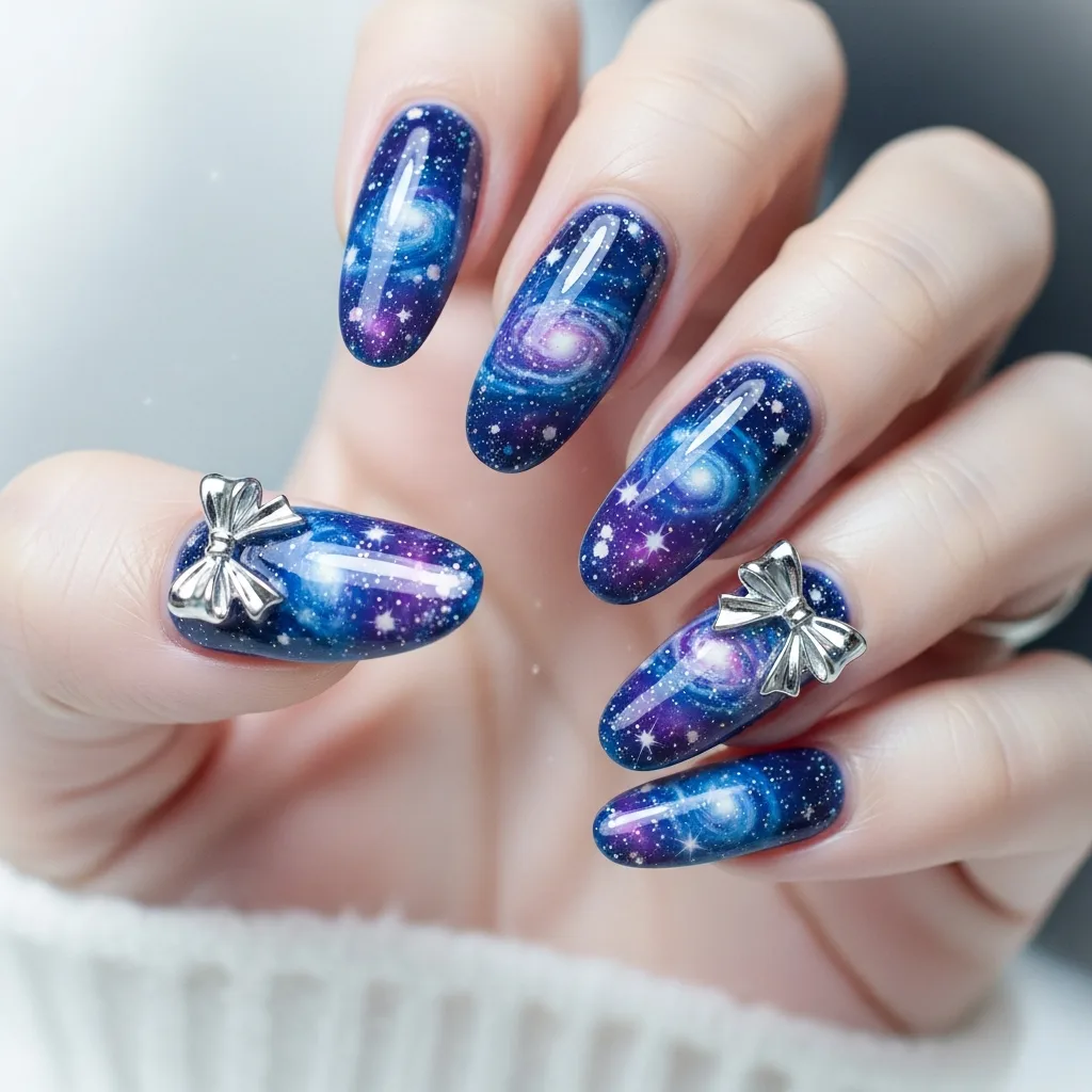 Top 25 Valentines Day Nails with Bows: Adorable and Romantic Nail Art Ideas 17 galaxy nails with a bow