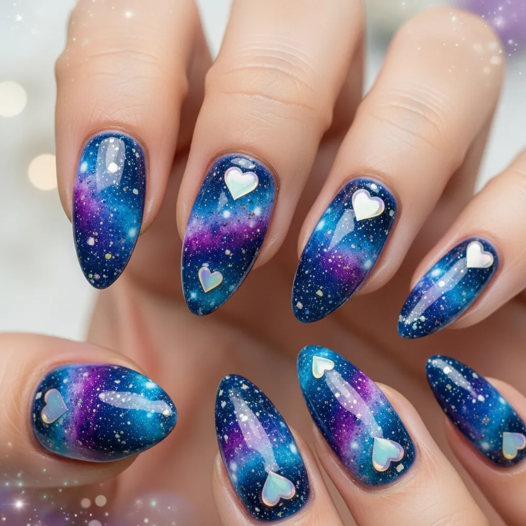 galaxy nails with hearts