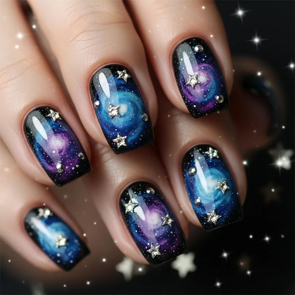 galaxy nails with rhinestone stars