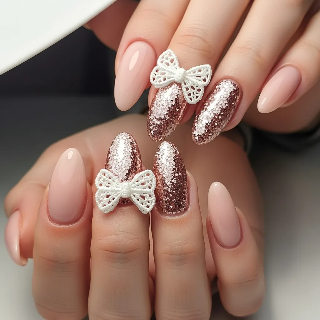 Top 25 Valentines Day Nails with Bows: Adorable and Romantic Nail Art Ideas 5 glitter accent nail with a bow