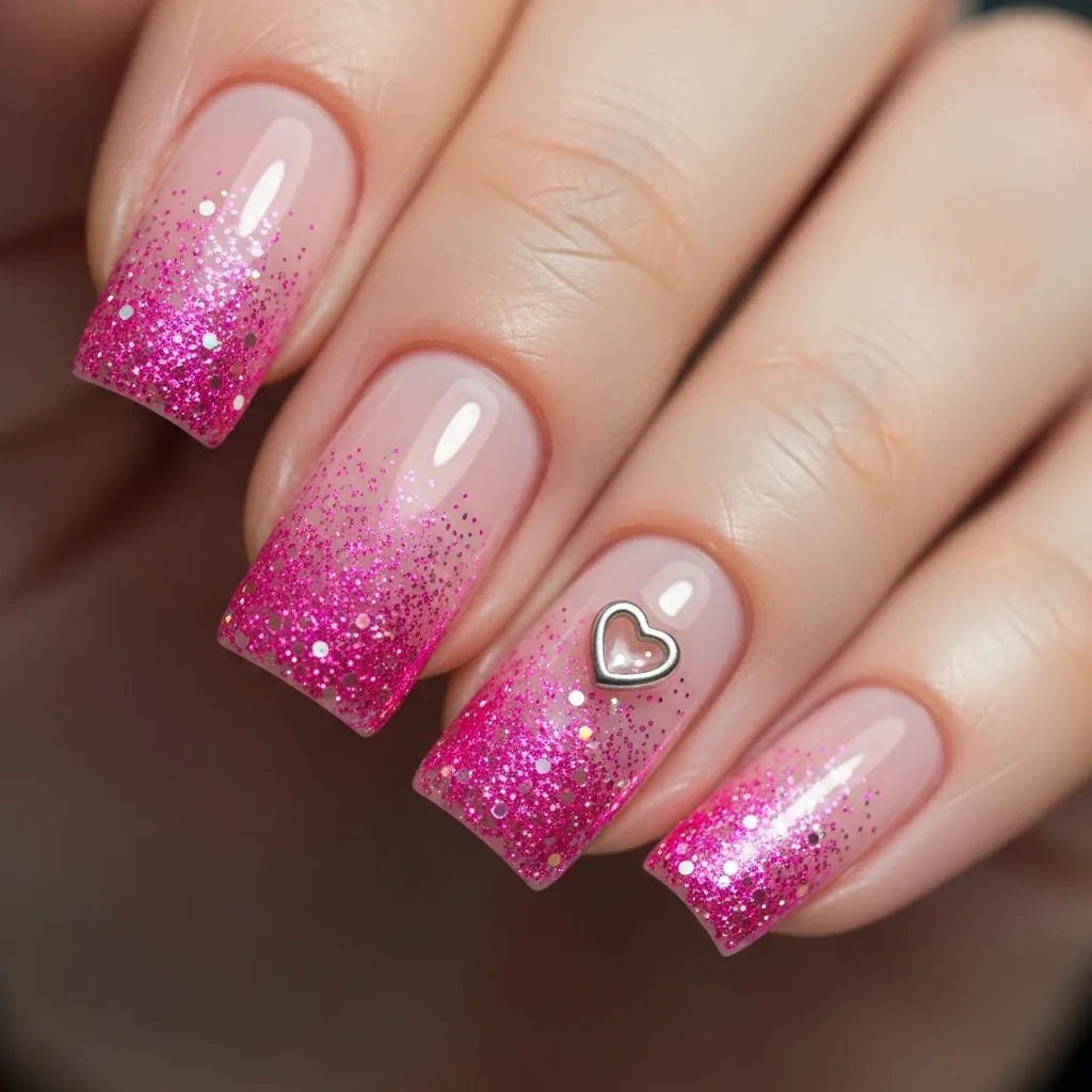 glitter gradient with heart charm square nails