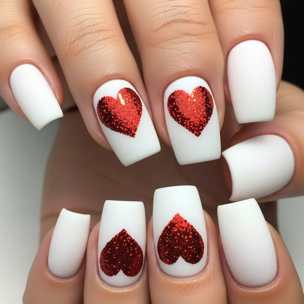 glitter heart outline square nails