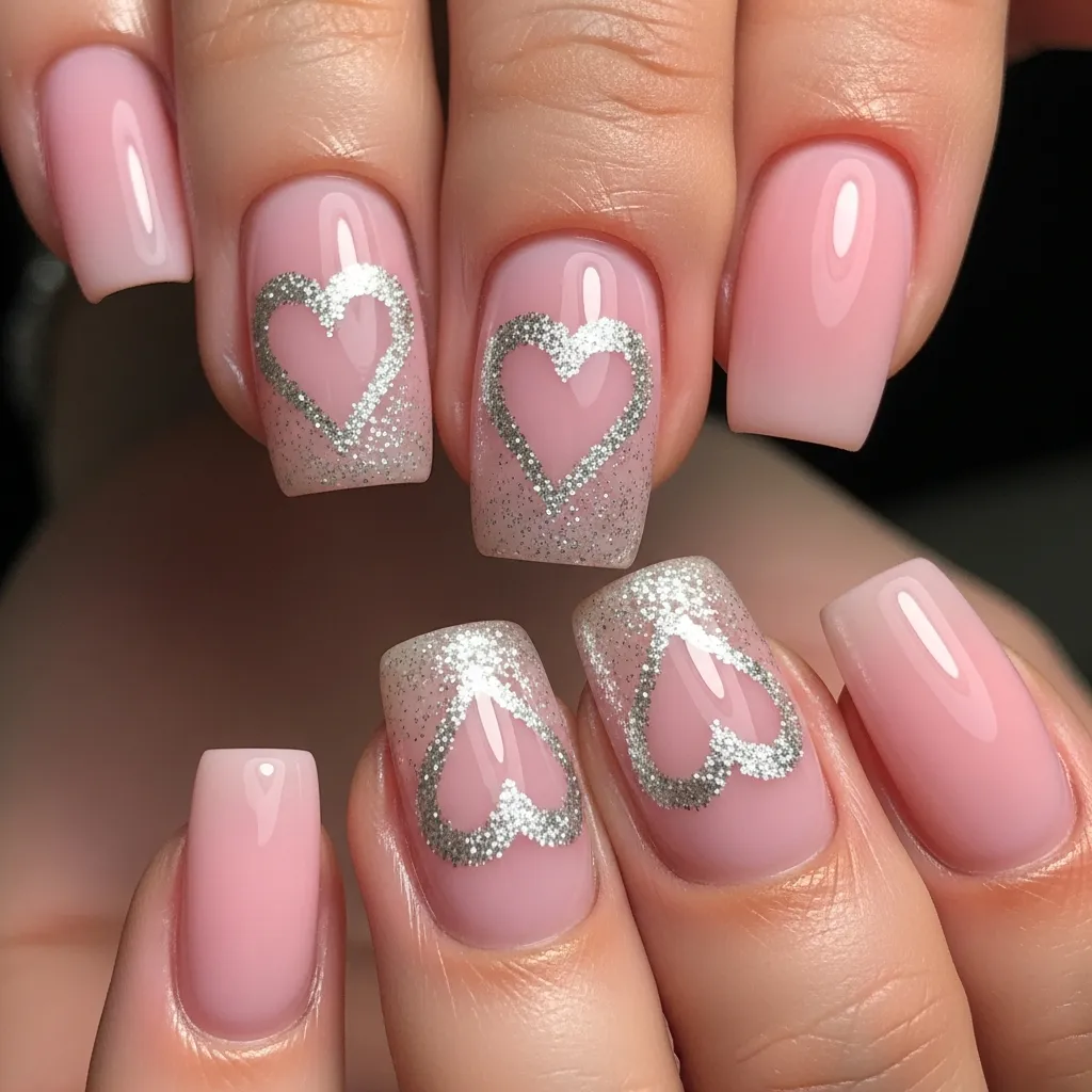 glitter heart stamp square nails