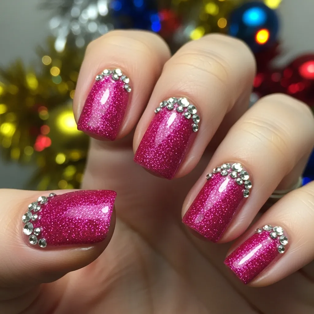 glitter nails with rhinestone details