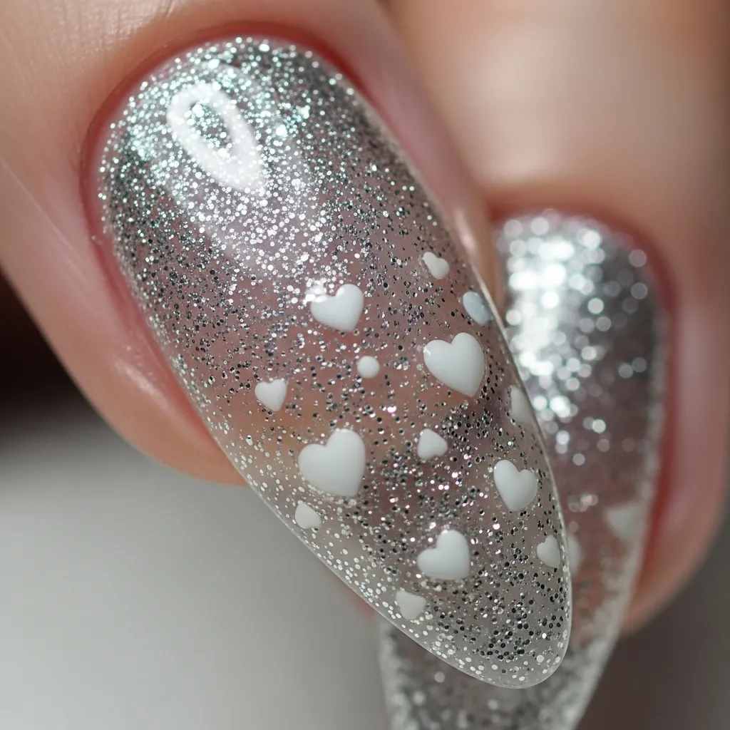 Top 19 Floating Heart Valentines Nails You'll Adore 9 glitter ombre with floating hearts