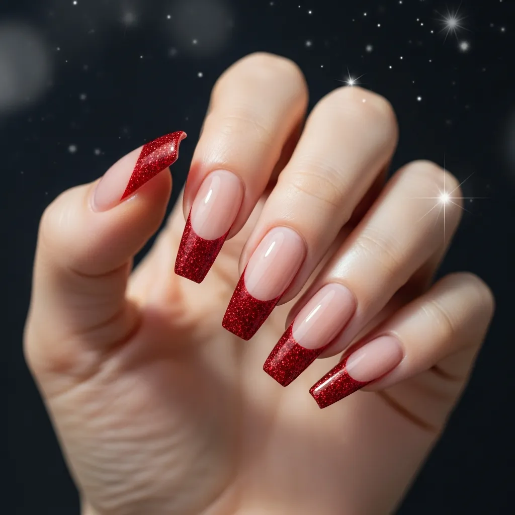 glitter red french tip coffin nails