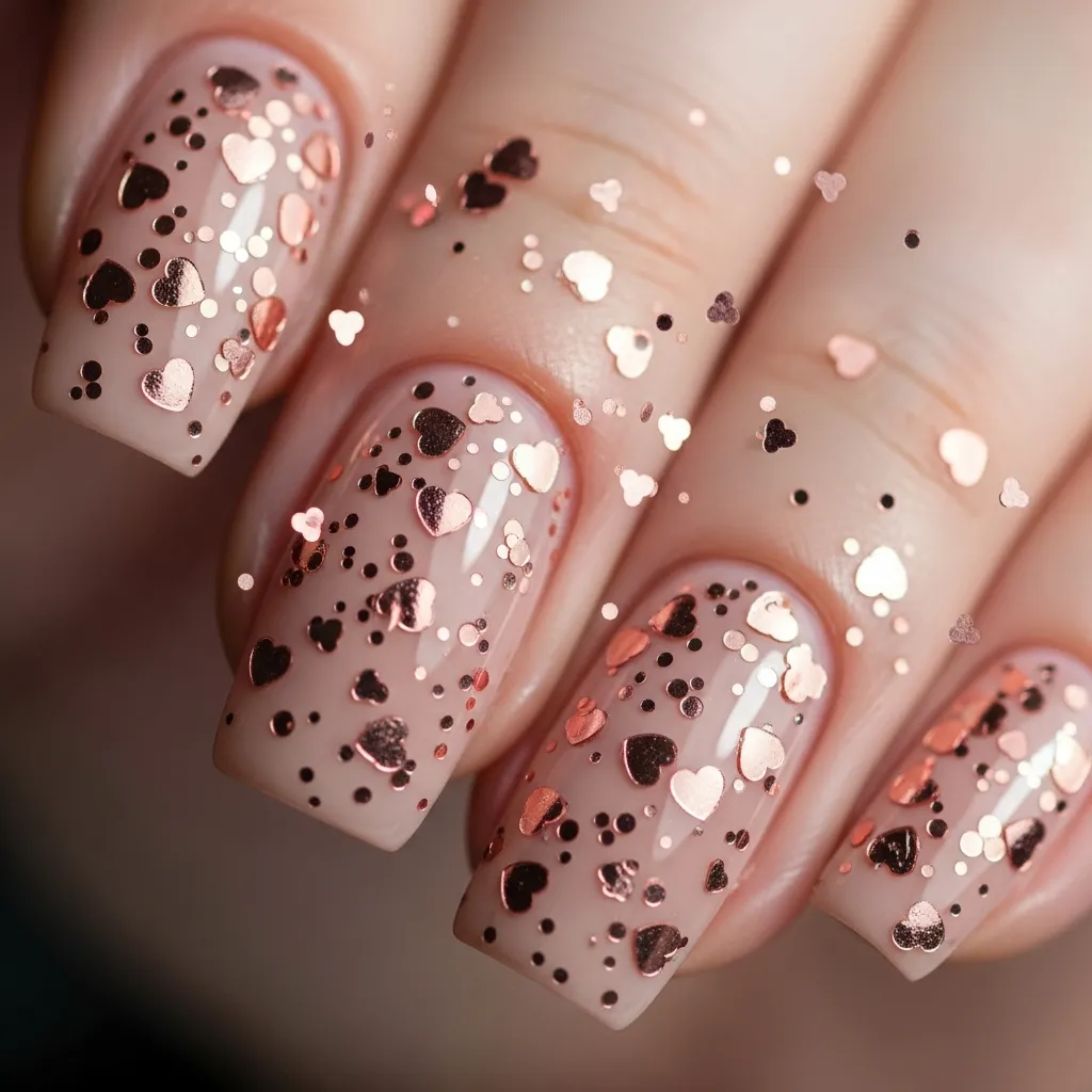 Top 19 Floating Heart Valentines Nails You'll Adore 4 glittery floating hearts on nude