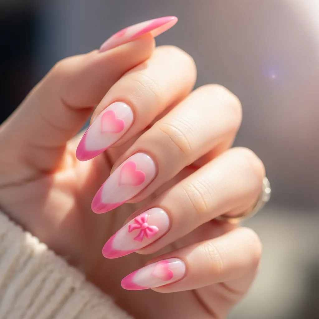 Top 25 Valentines Day Nails with Bows: Adorable and Romantic Nail Art Ideas 13 gradient hearts with a bow