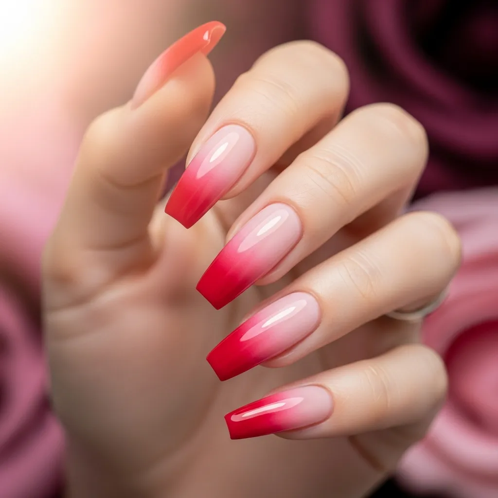 gradient pink to red coffin nails