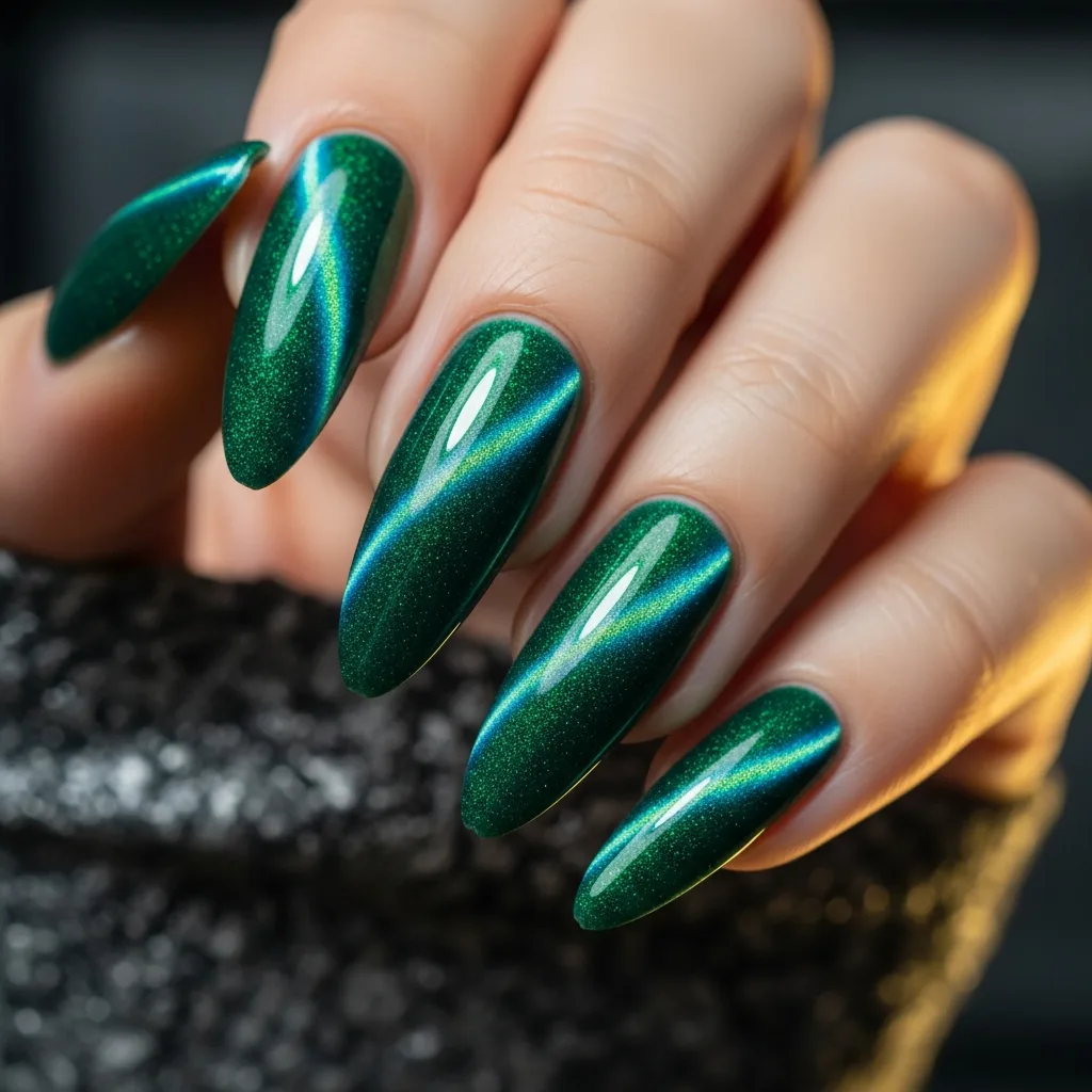 23 Perfect Valentines Cat Eye Nails Designs 10 green emerald cat eye