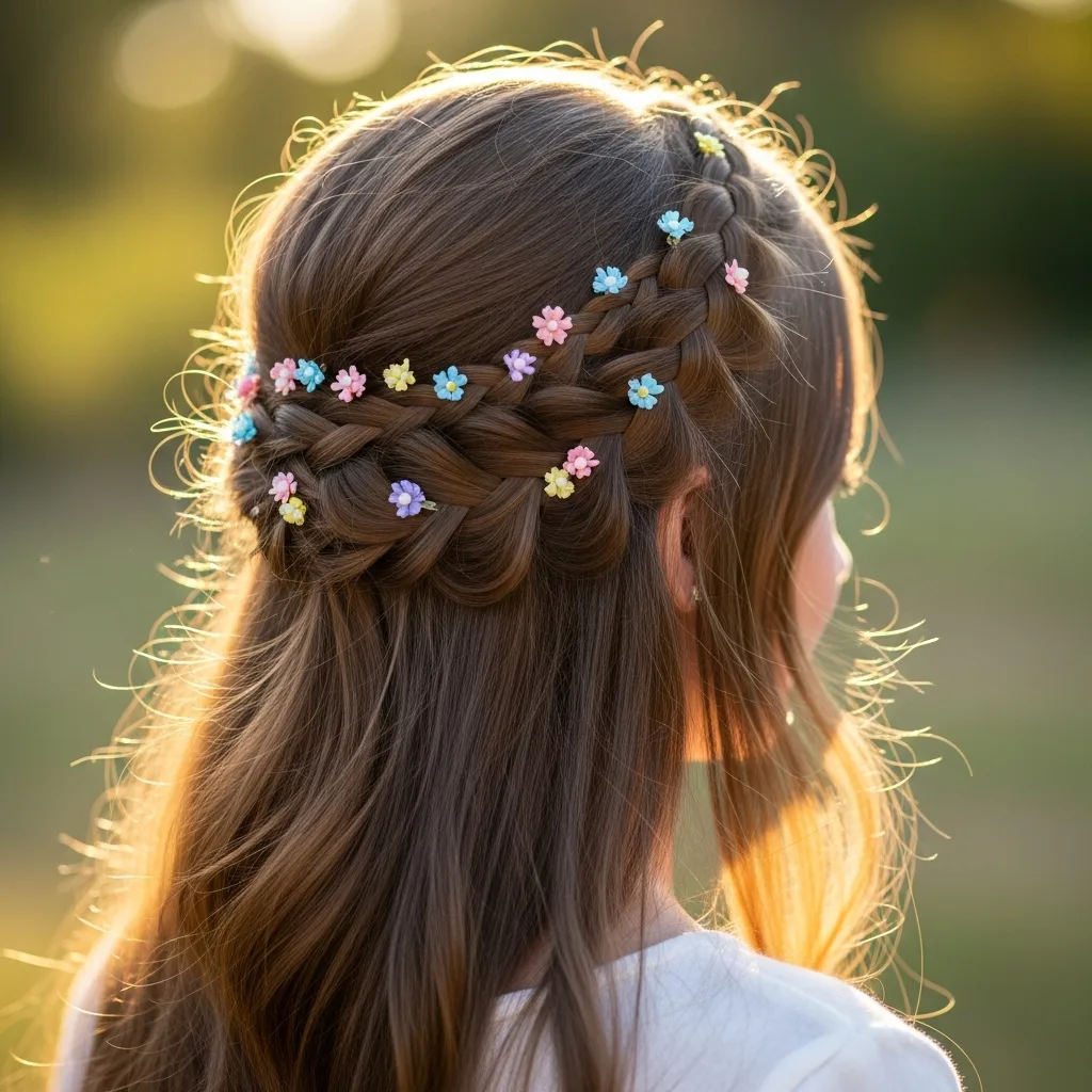 17 Hoco Hairstyles with Accessories 3 half up braided crown with floral accents