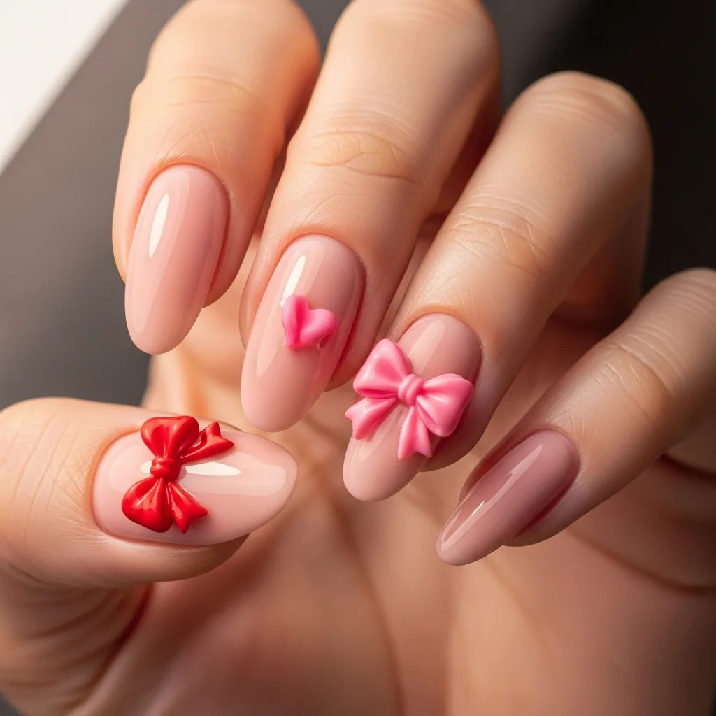 Top 25 Valentines Day Nails with Bows: Adorable and Romantic Nail Art Ideas 7 heart shaped bow nails
