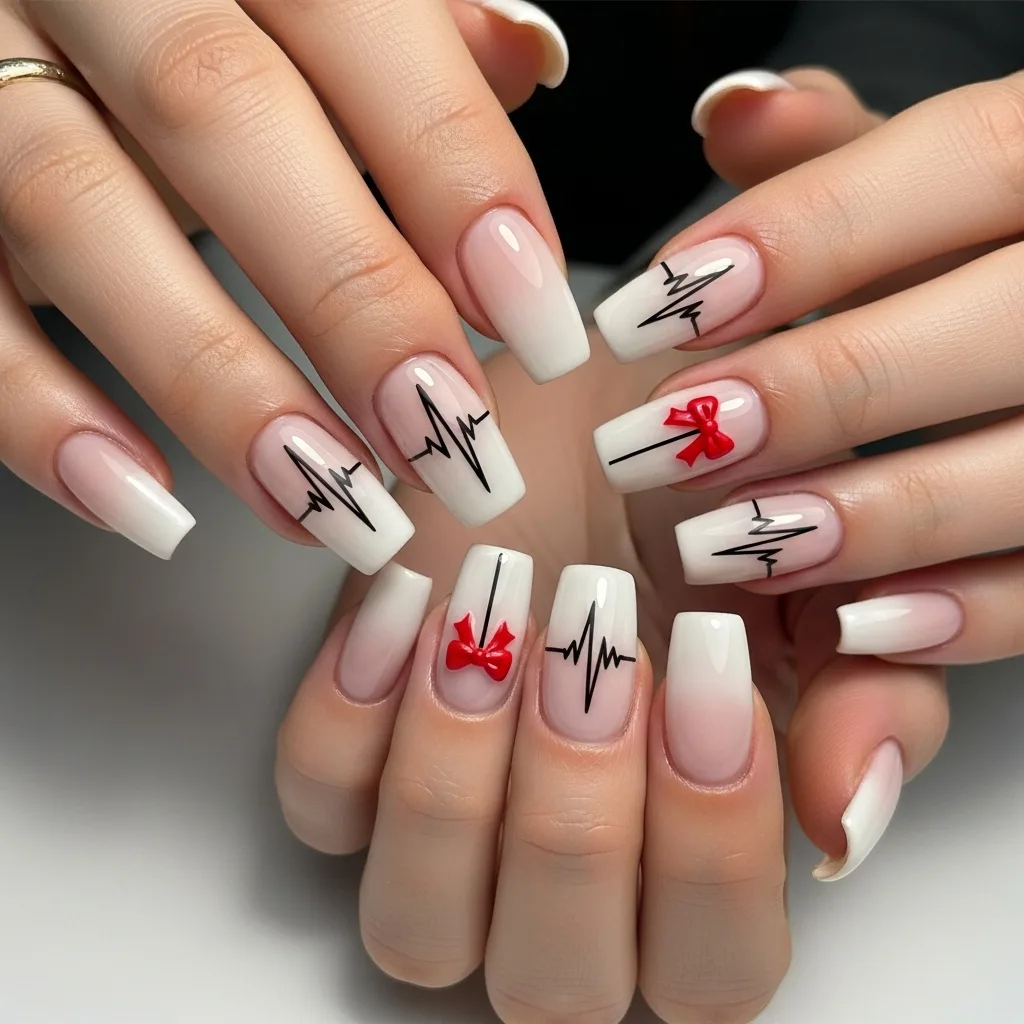 Top 25 Valentines Day Nails with Bows: Adorable and Romantic Nail Art Ideas 22 heartbeat line with a bow