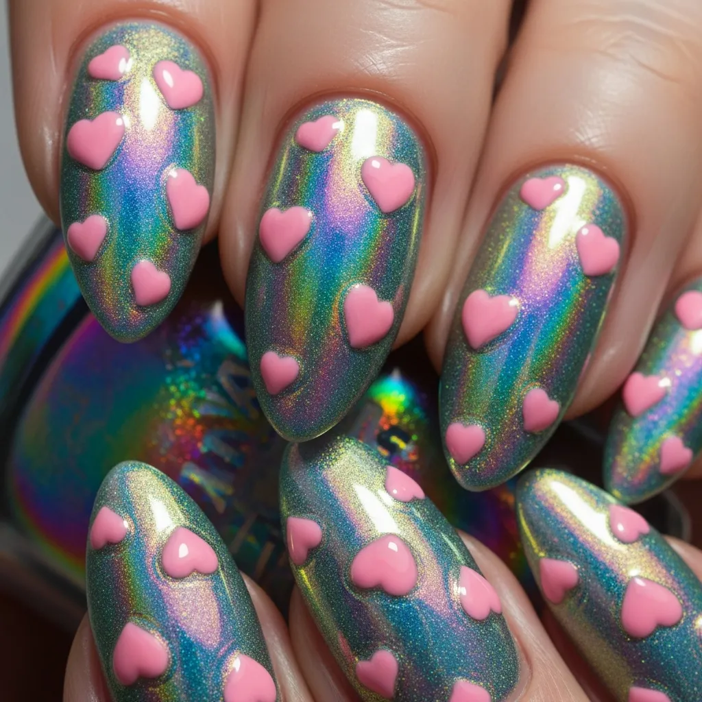 Top 19 Floating Heart Valentines Nails You'll Adore 16 holographic floating hearts