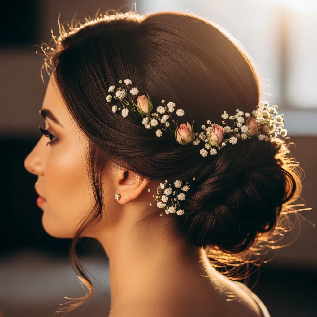 23 Sleek Hoco Hairstyles for the Dance 12 low twisted bun with floral accents