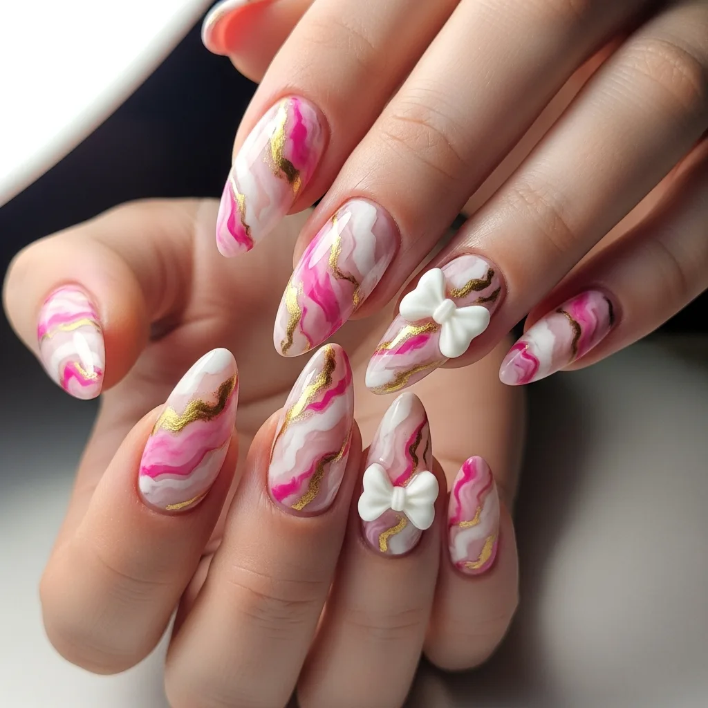 Top 25 Valentines Day Nails with Bows: Adorable and Romantic Nail Art Ideas 15 marble effect with a bow
