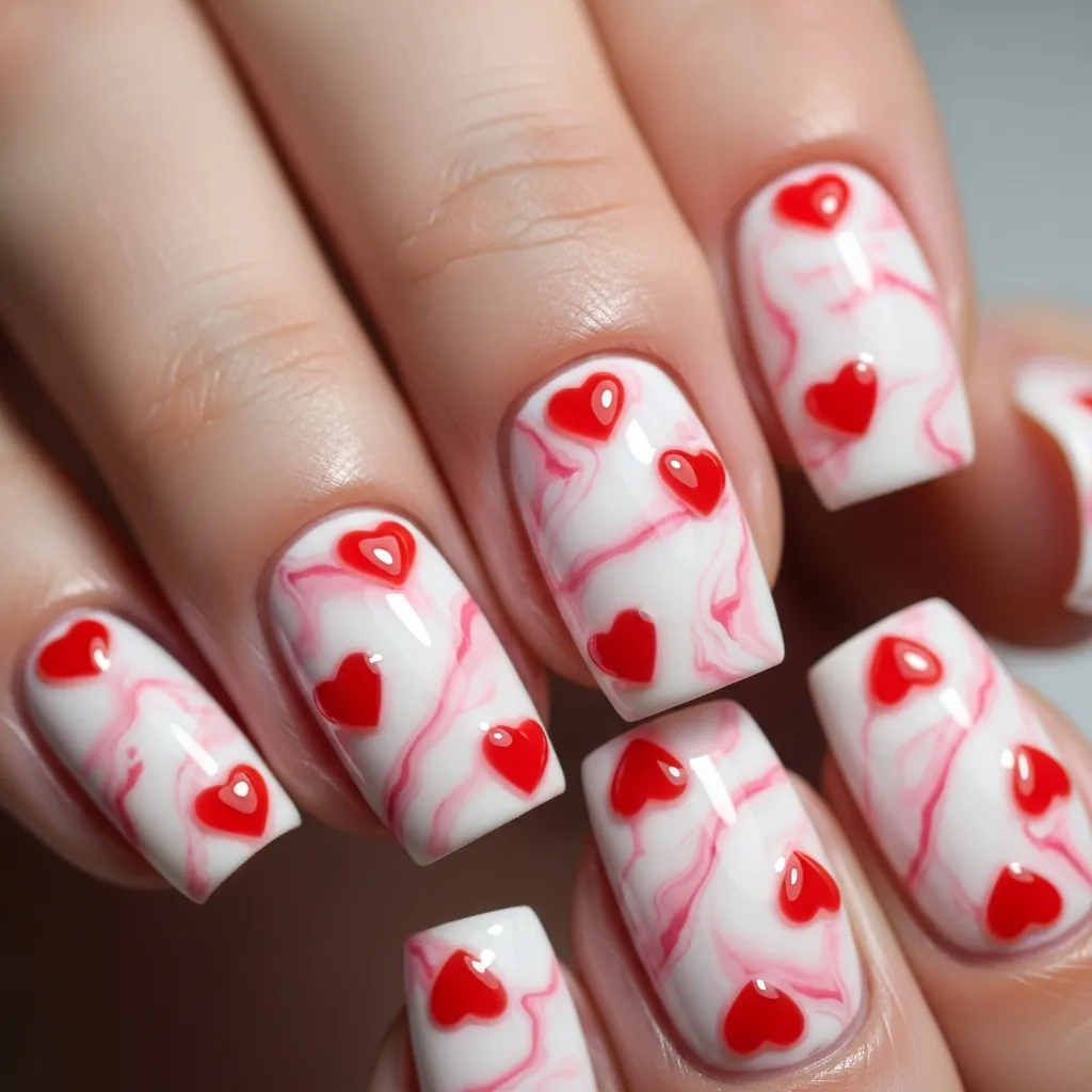 Top 19 Floating Heart Valentines Nails You'll Adore 17 marble effect with floating hearts