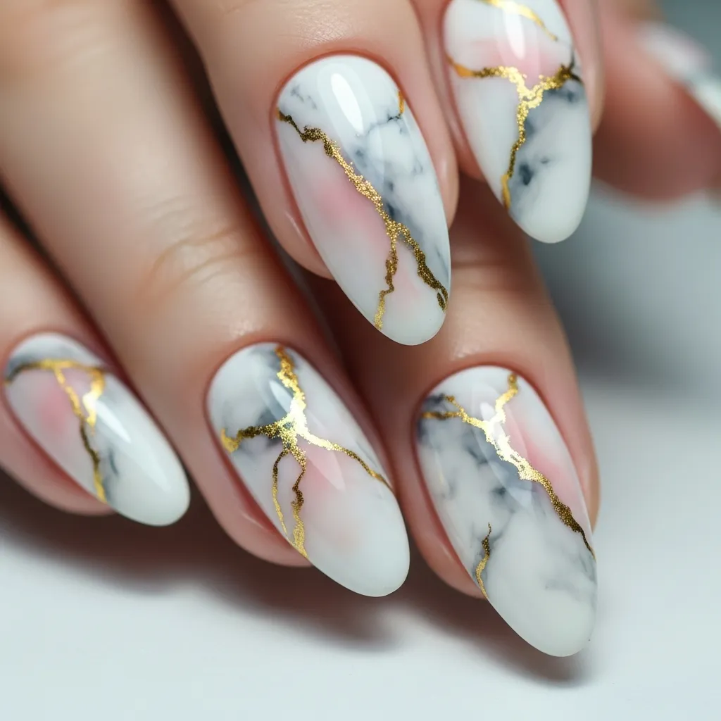 Top 19 Valentines Almond Nail Designs 15 marble effect with gold veins