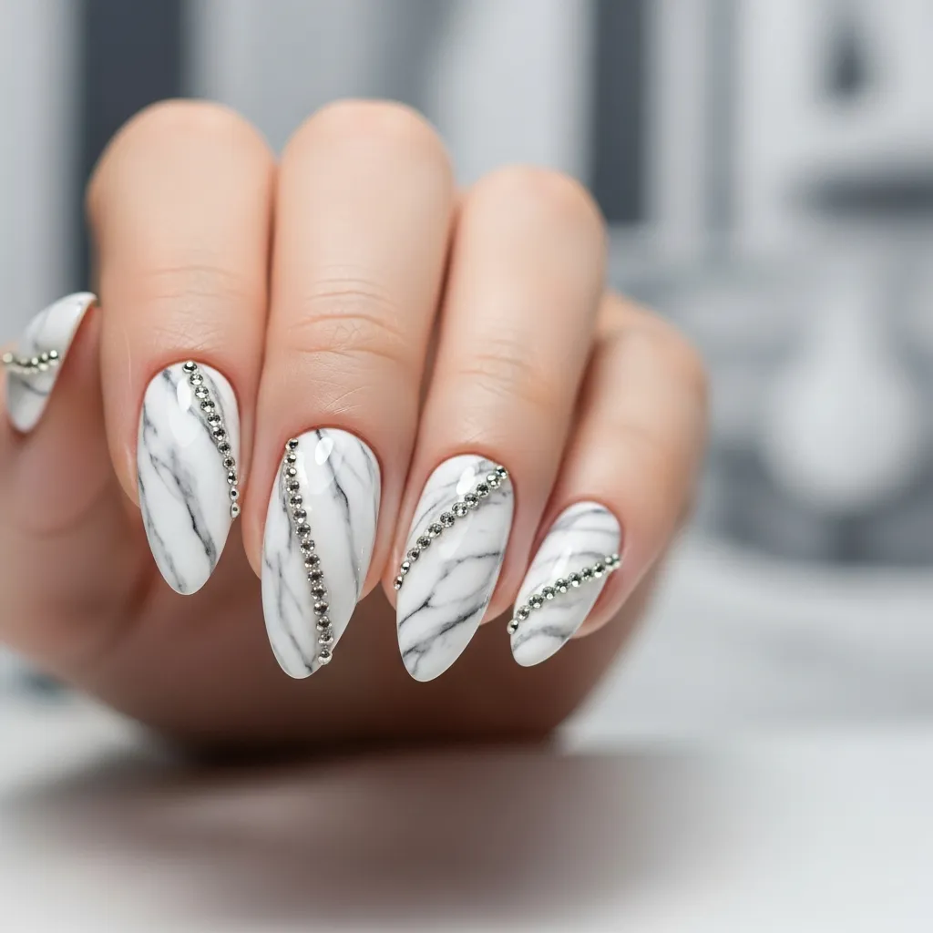 marble nails with rhinestone veins