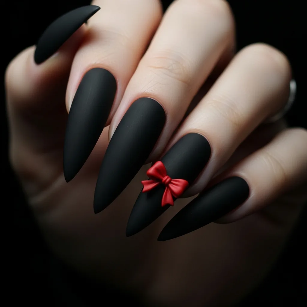 Top 25 Valentines Day Nails with Bows: Adorable and Romantic Nail Art Ideas 8 matte black nails with a red bow